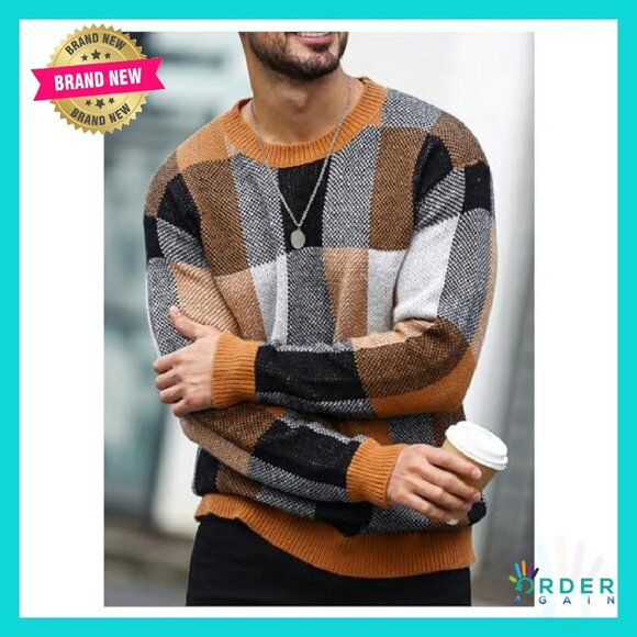 Color Block Plaid Pullover Sweater Long Sleeve Crew Neck Classic Preppy - Picture 4 of 7